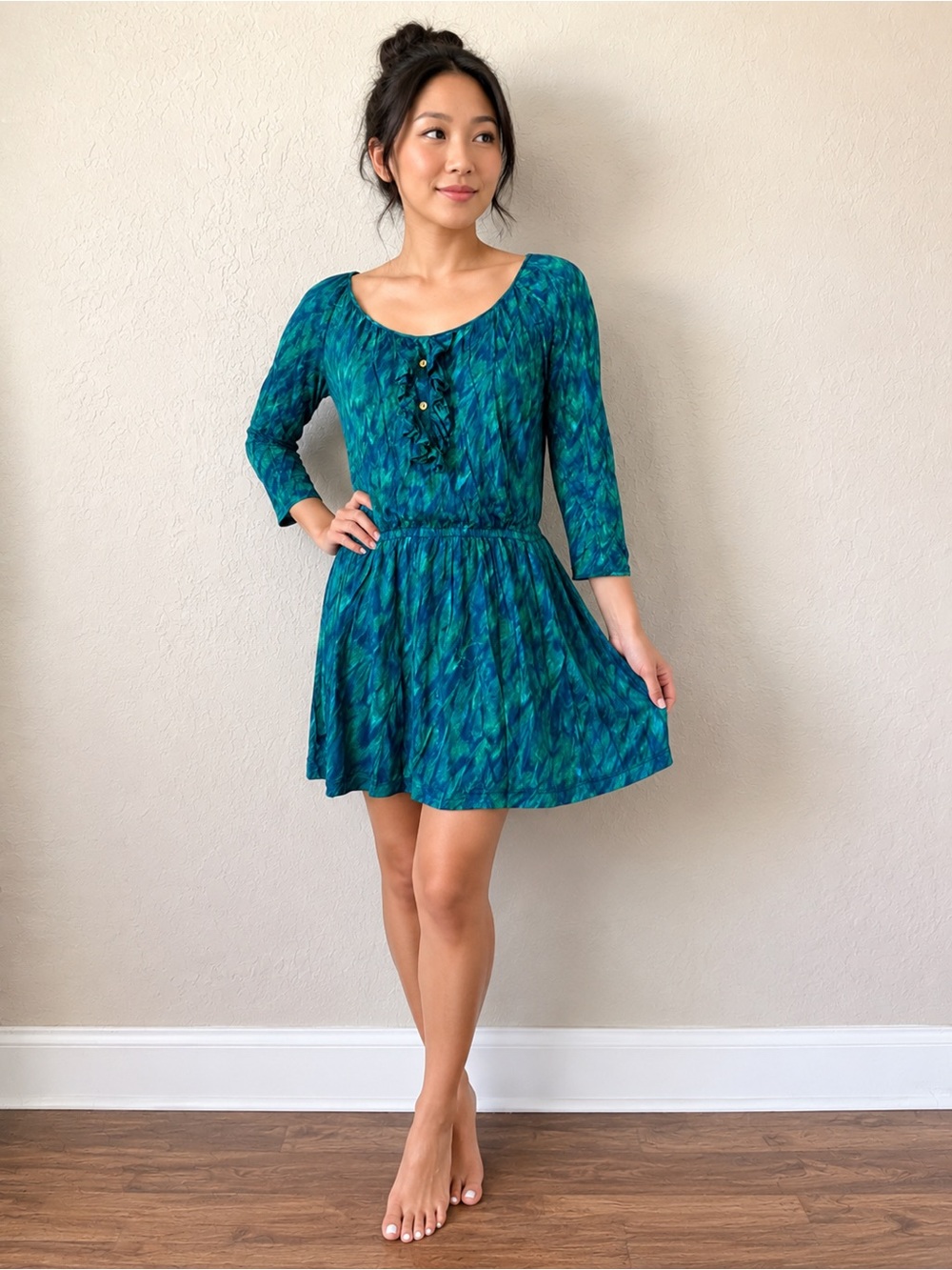 Scoop-Neck Mini Dress in Teal & Blue Pattern
